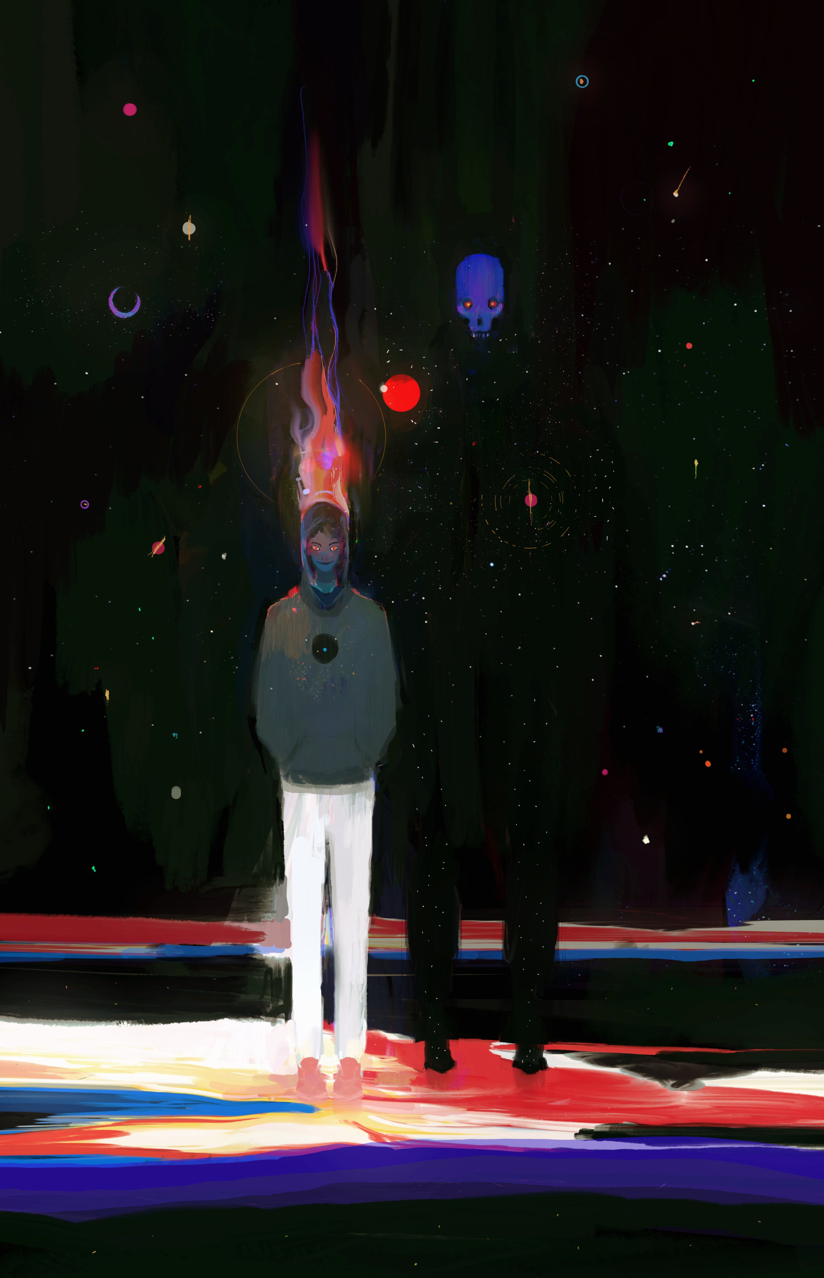 ahad, original, absurdres, commentary, english commentary, highres, 2others, abstract, crescent moon, flaming head, grey hoodie, hands in pockets, hood, hood up, hoodie, monster, moon, multiple others, pants, pink shoes, planet, red eyes, shoes, shooting star, skull, sky, smile, star (sky), starry sky, white pants