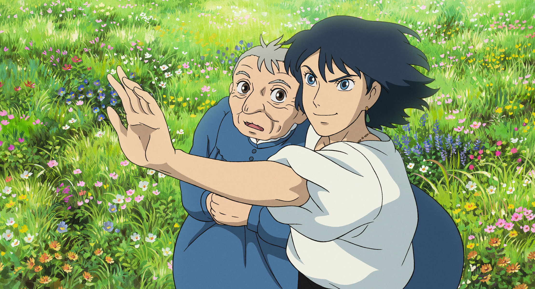 howl, sophie, sophie hatter (howl no ugoku shiro), howl no ugoku shiro, studio ghibli, howl pendragon, anime screenshot, highres, 00s, 1boy, 1girl, black hair, blue eyes, brown eyes, dress, earrings, flower, grass, grey hair, jewelry, old, old woman, pointing, puffy shirt, smirk
