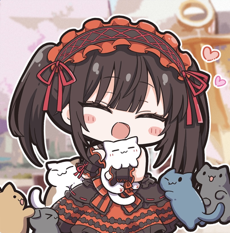 nejikirio, tokisaki kurumi, date a live, commentary request, 1girl, animal, blunt bangs, blurry, blurry background, blush stickers, cat, chibi, closed eyes, dress, frilled hairband, frills, hair ribbon, hairband, heart, holding, holding animal, holding cat, long hair, multiple cats, no nose, open mouth, red dress, red ribbon, ribbon, sidelocks, twintails
