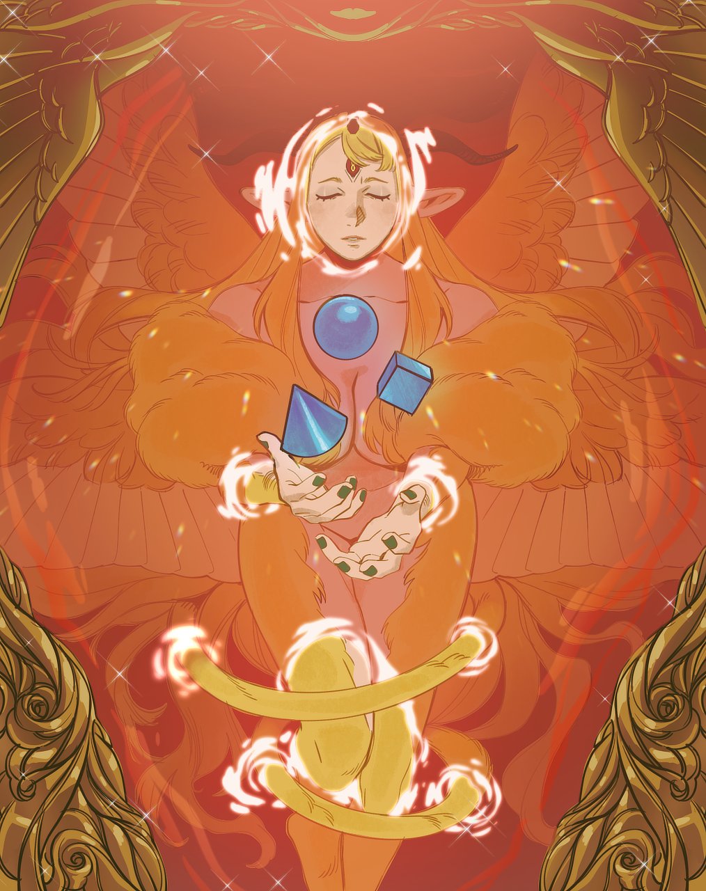 aatom87, marcille donato, winged lion (dungeon meshi), dungeon meshi, commentary, english commentary, highres, 1girl, alternate breast size (larger), blonde hair, breasts, closed eyes, cone (geometry), cube, fusion, green nails, large breasts, orb, partially submerged, pointy ears, solo, tail around own leg, third eye, wings, yellow fur
