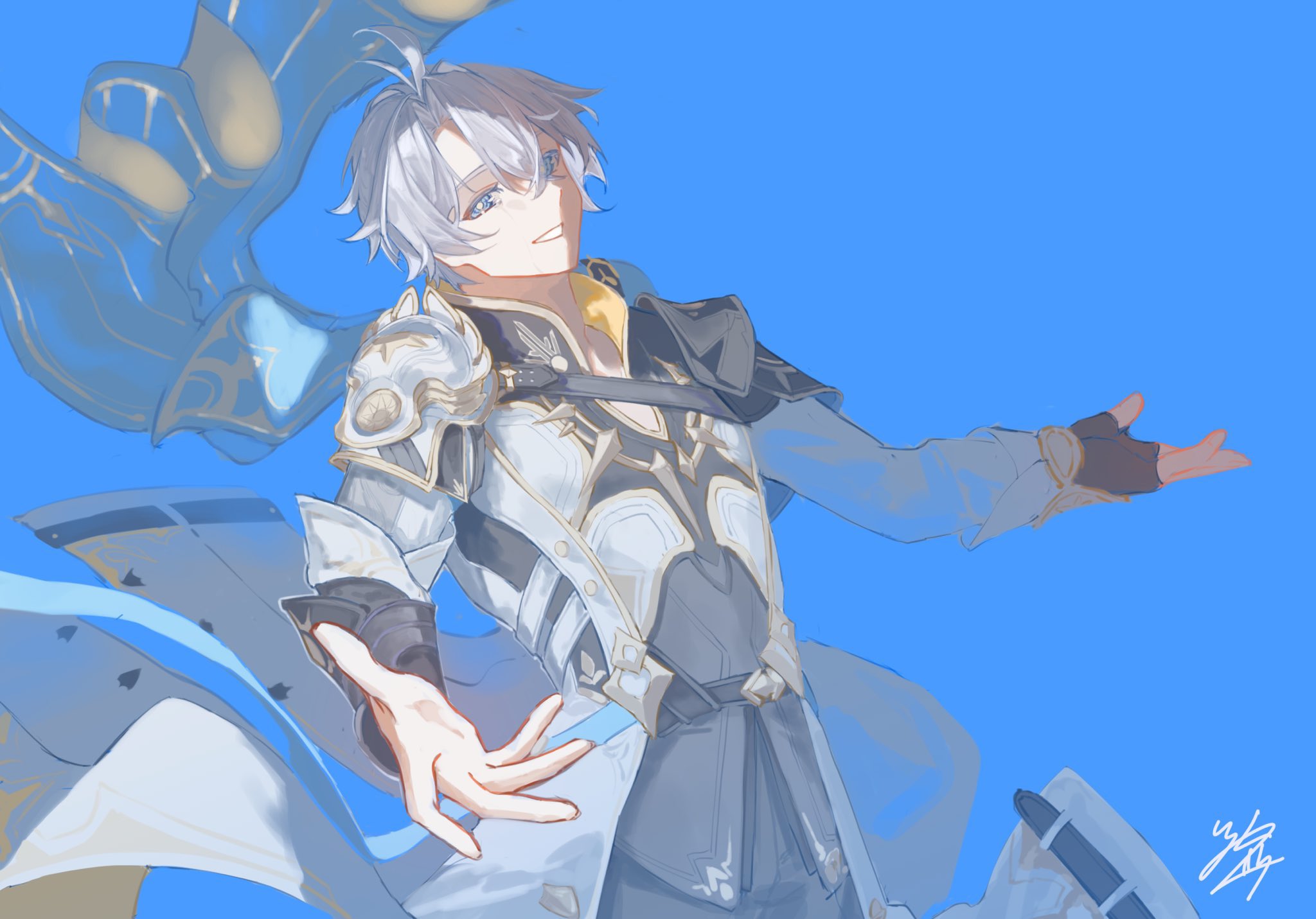 phainon (honkai: star rail), honkai: star rail, honkai (series), highres, 1boy, akaguchi 35, antenna hair, armor, black gloves, black pants, blue background, blue cape, blue eyes, cape, cowboy shot, fingerless gloves, floating clothes, gloves, grey hair, hair between eyes, hands up, jacket, long sleeves, looking at viewer, male focus, outstretched arms, pants, puffy long sleeves, puffy sleeves, short hair, shoulder armor, signature, simple background, single glove, smile, solo, spread arms, standing, sun symbol, teeth, two-sided cape, two-sided fabric, white jacket, yellow cape