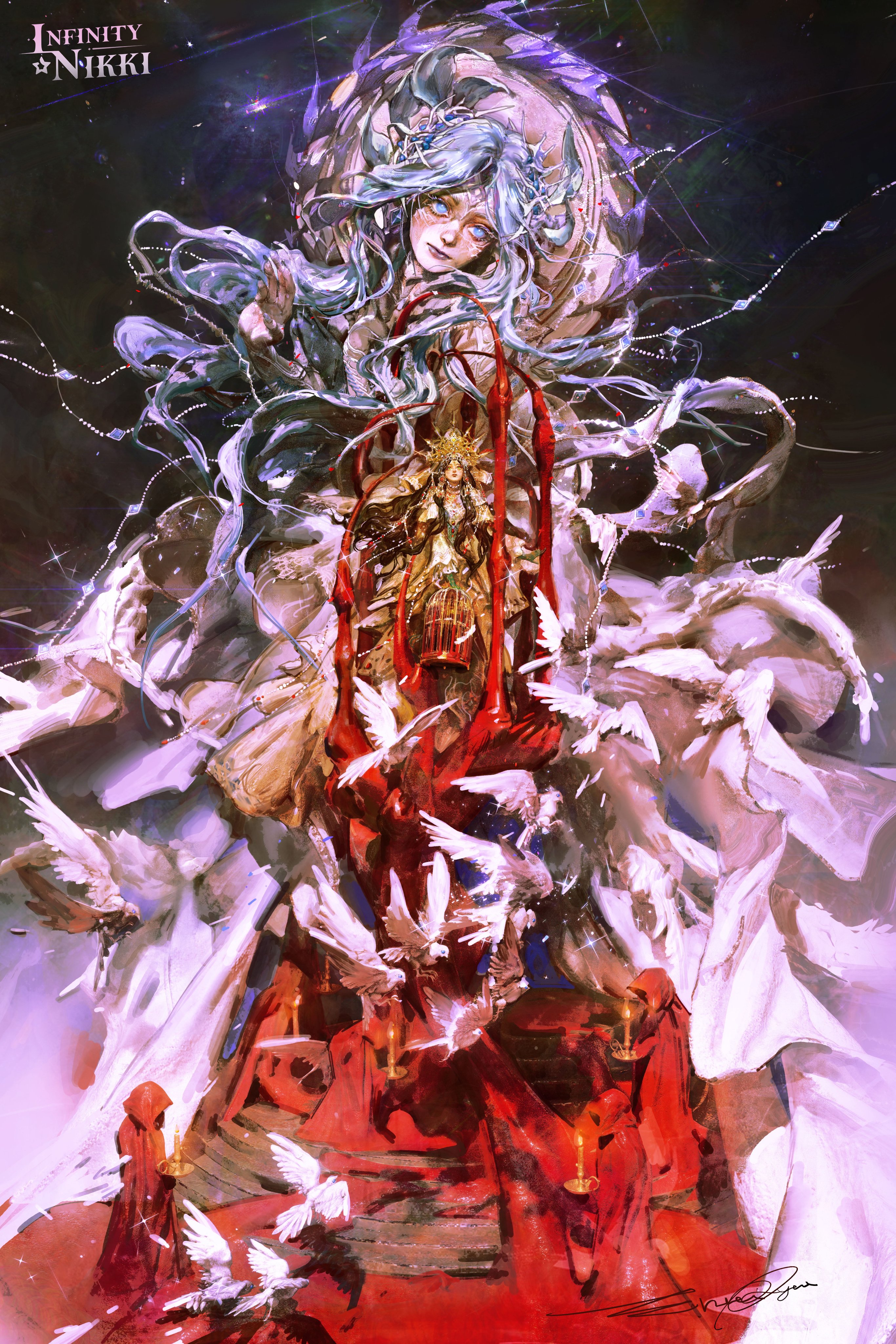 entei ryu, infinity nikki, nikki (series), absurdres, commentary, english commentary, highres, official art, second-party source, 2girls, 6+others, ambiguous gender, behind prayers (infinity nikki), bird, black hair, black sky, blue eyes, blue hair, born flawless (infinity nikki), candle, circlet, cloak, copyright logo, crown, dress, expressionless, fire, floating hair, full body, gold crown, gown, holding, holding candle, light particles, lipstick, logo, long hair, long sleeves, makeup, multiple girls, multiple others, night, night sky, outdoors, poster (object), realistic, red cloak, red lips, sky, stairs, star (sky), thick lips, very long hair, wavy hair, white bird, white dress