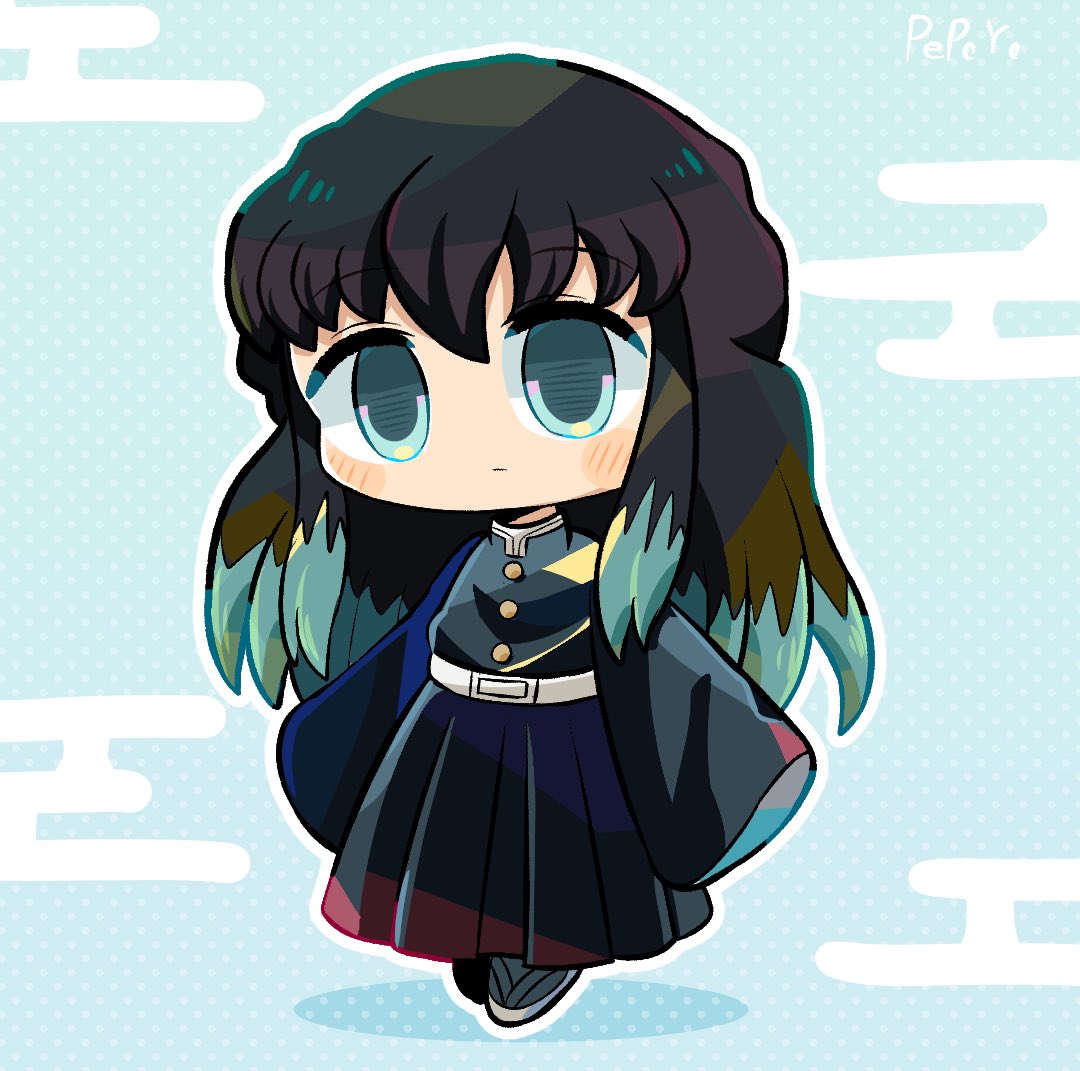 pepoyo, tokitou muichirou, kimetsu no yaiba, commentary request, 1boy, androgynous, aqua hair, arms at sides, artist name, belt, black hair, black jacket, black shoes, black skirt, blue background, blue eyes, chibi, chibi only, closed mouth, colored tips, egasumi, empty eyes, expressionless, gold buttons, hair between eyes, jacket, long hair, long skirt, long sleeves, looking ahead, male focus, multicolored hair, no nose, outline, pleated skirt, polka dot, polka dot background, shoes, simple background, skirt, sleeves past fingers, sleeves past wrists, solo, standing, straight hair, turtleneck, turtleneck jacket, two-tone background, two-tone hair, very long hair, white background, white belt, white outline, wide sleeves