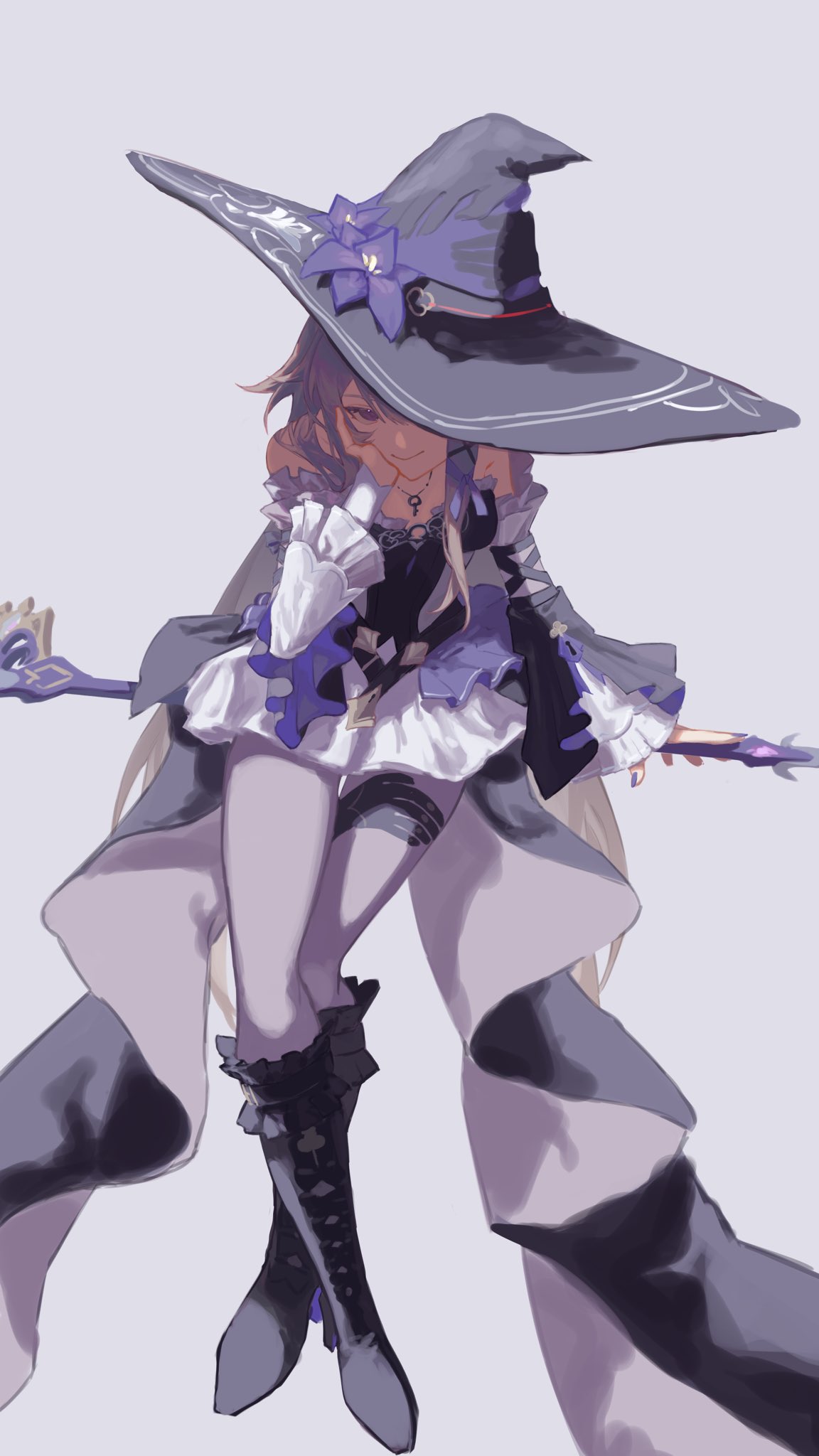 herta (honkai: star rail), the herta (honkai: star rail), honkai: star rail, honkai (series), highres, 1girl, akaguchi 35, ascot, black boots, black dress, black hat, black sleeves, boots, breasts, broom, broom riding, brown hair, closed mouth, crossed legs, detached sleeves, dress, fingernails, flower, frills, full body, hair between eyes, hair ornament, hair ribbon, hand on own face, hand up, hat, hat flower, hat ornament, jewelry, key, key necklace, keyhole, long fingernails, long hair, long sleeves, looking at viewer, nail polish, necklace, one eye covered, pantyhose, purple eyes, purple flower, purple nails, purple pantyhose, purple ribbon, ribbon, sidelocks, simple background, sitting, sleeveless, sleeveless dress, small breasts, smile, solo, strapless, strapless dress, thigh strap, very long hair, white ascot, white background, wide sleeves, witch hat, x hair ornament