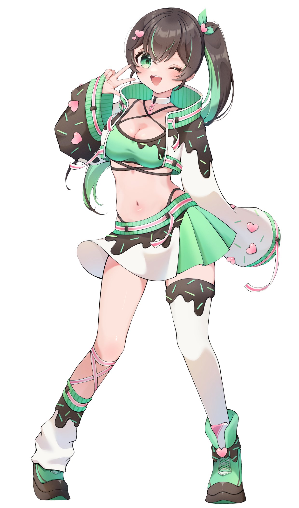 candy1024, commentary, english commentary, highres, official art, 1girl, ;d, black panties, breasts, brown hair, brown jacket, brown skirt, choker, cleavage, full body, green eyes, green hair, green shoes, green skirt, hair between eyes, hair ornament, heart, heart hair ornament, heartsync, highleg, highleg panties, jacket, leg warmers, long hair, long sleeves, medium breasts, miki kokoa, miniskirt, multicolored hair, multicolored skirt, navel, one eye closed, open clothes, open jacket, open mouth, panties, shoes, side ponytail, simple background, single leg warmer, single thighhigh, skirt, sleeves past wrists, smile, solo, standing, stomach, streaked hair, teeth, thighhighs, tongue, underwear, upper teeth only, virtual youtuber, white background, white choker, white jacket, white leg warmers, white skirt, white thighhighs