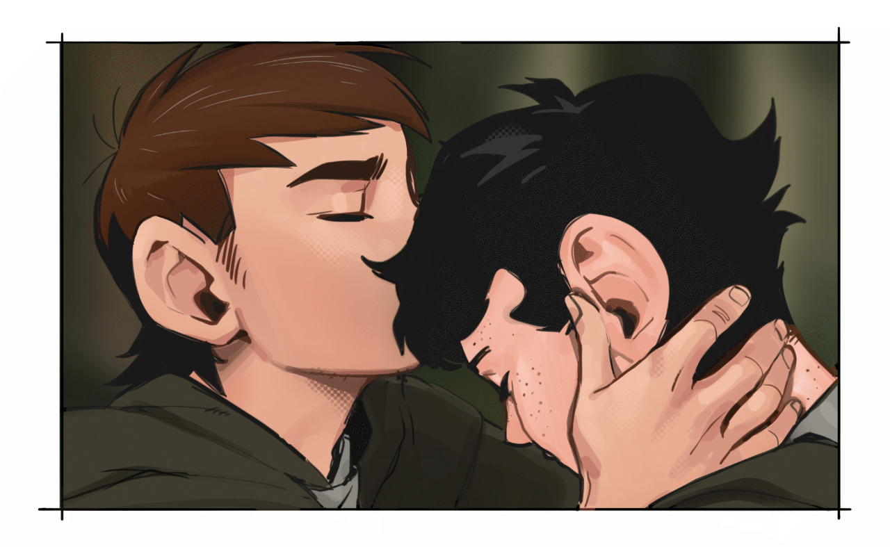 aatom87, chilchuck tims, dandan (dungeon meshi), dungeon meshi, the lord of the rings, tolkien's legendarium, commentary, english commentary, 2boys, black hair, blurry, blurry background, brown hair, freckles, kiss, kissing forehead, male focus, multiple boys, sideburns