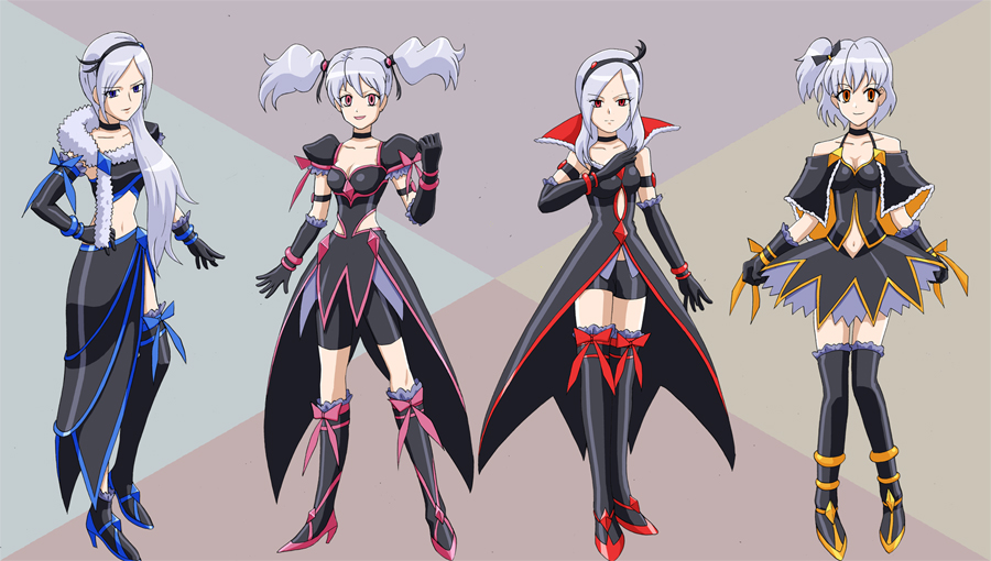 g.u. (pixiv), gufreedom, aono miki, cure berry, cure peach, cure pine, eas (fresh precure!), higashi setsuna, momozono love, northa, northa (fresh precure!), souler, souler (fresh precure!), wester, wester (fresh precure!), yamabuki inori, fresh precure!, precure, black neckwear, bad id, bad pixiv id, 4girls, alternate universe, black shorts, boots, breasts, choker, corruption, cosplay, dark persona, eas (cosplay), female focus, heart, high heels, jewelry, knee boots, lineup, long hair, magical girl, medium breasts, midriff, multiple girls, northa (cosplay), shoes, shorts, skirt, smile, souler (cosplay), thighhighs, twintails, wester (cosplay), white hair, zettai ryouiki