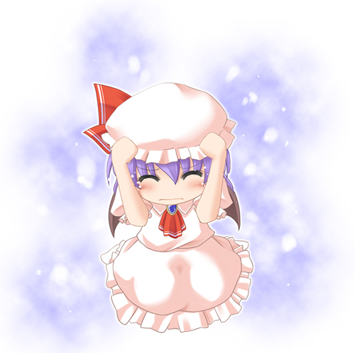 exe (artist), xe (execut3r), remilia scarlet, touhou, bad id, bad pixiv id, lowres, 1girl, bat wings, blush, charisma guard, chibi, cowering, female focus, hat, purple hair, ribbon, scared, short hair, solo, squatting, wings