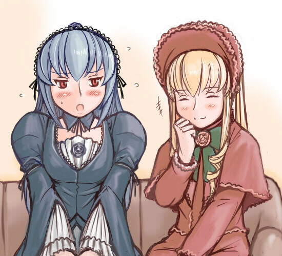 tsuda nanafushi, shinku, suigintou, rozen maiden, silver hair, 00s, 2girls, aged up, blonde hair, blush, bonnet, hairband, long hair, multiple girls, sitting, upper body