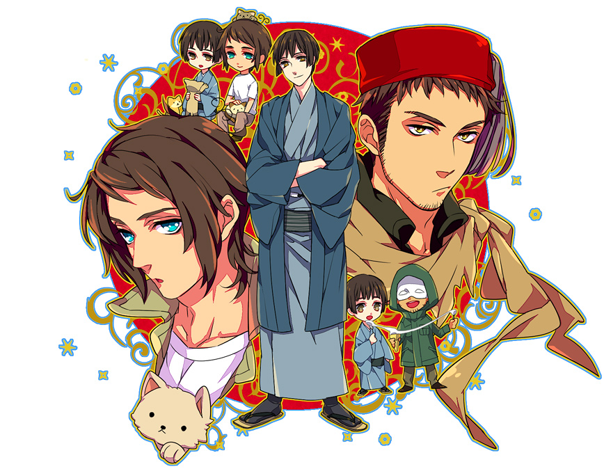 litha, greece (hetalia), japan (hetalia), turkey (hetalia), axis powers hetalia, bad id, bad pixiv id, 00s, 3boys, blue eyes, brown eyes, brown hair, cat, chibi, dog, facial hair, fez hat, goatee stubble, hat, hood, japanese clothes, male focus, mask, multiple boys, scarf, short hair, sideburns, sideburns stubble, stubble