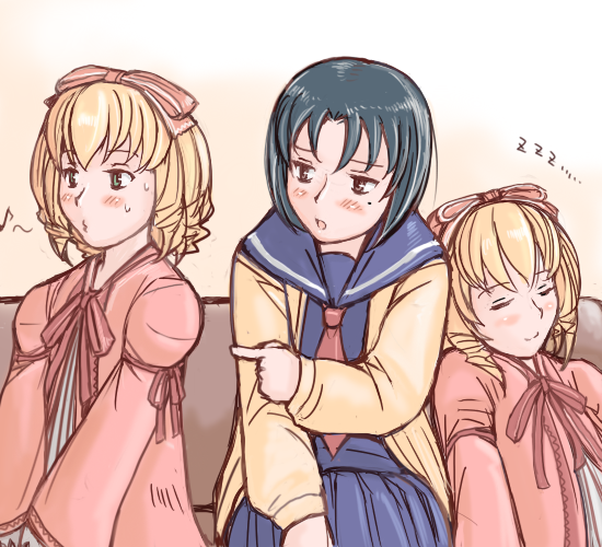 tsuda nanafushi, hinaichigo, kashiwaba tomoe, rozen maiden, 00s, 3girls, aged up, black hair, blonde hair, blue sailor collar, bow, green eyes, hair ribbon, mole, mole under eye, multiple girls, musical note, pink bow, ribbon, sailor collar, school uniform, short hair, siblings, sleeping, whistling