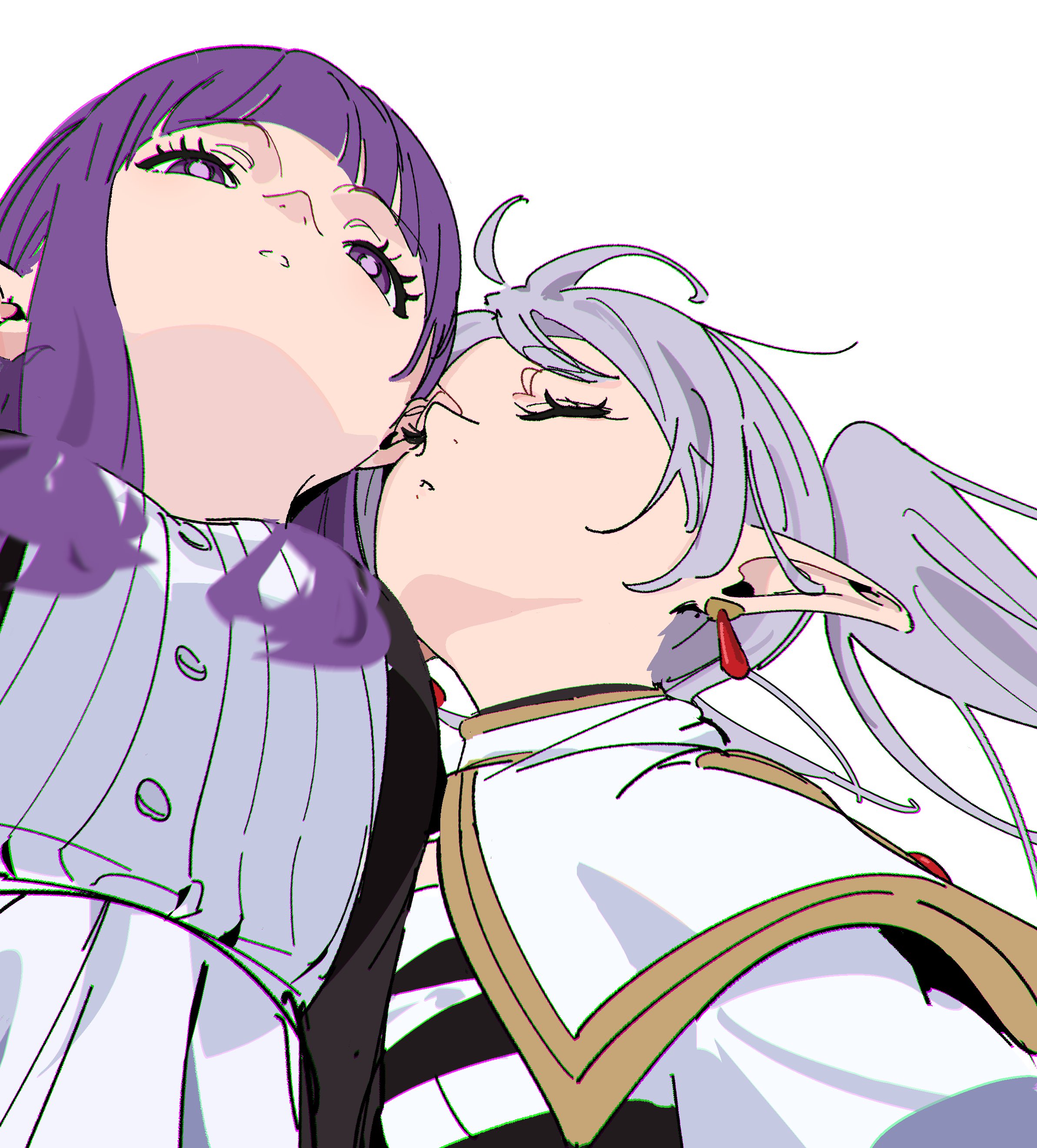 atenaba, fern (sousou no frieren), frieren, sousou no frieren, absurdres, commentary, highres, symbol-only commentary, 2girls, capelet, cheek-to-cheek, elf, from below, heads together, long hair, meme, multiple girls, open mouth, pointy ears, purple eyes, purple hair, simple background, twintails, upper body, upward angle frieren drawing (meme), white background, white capelet, yuri