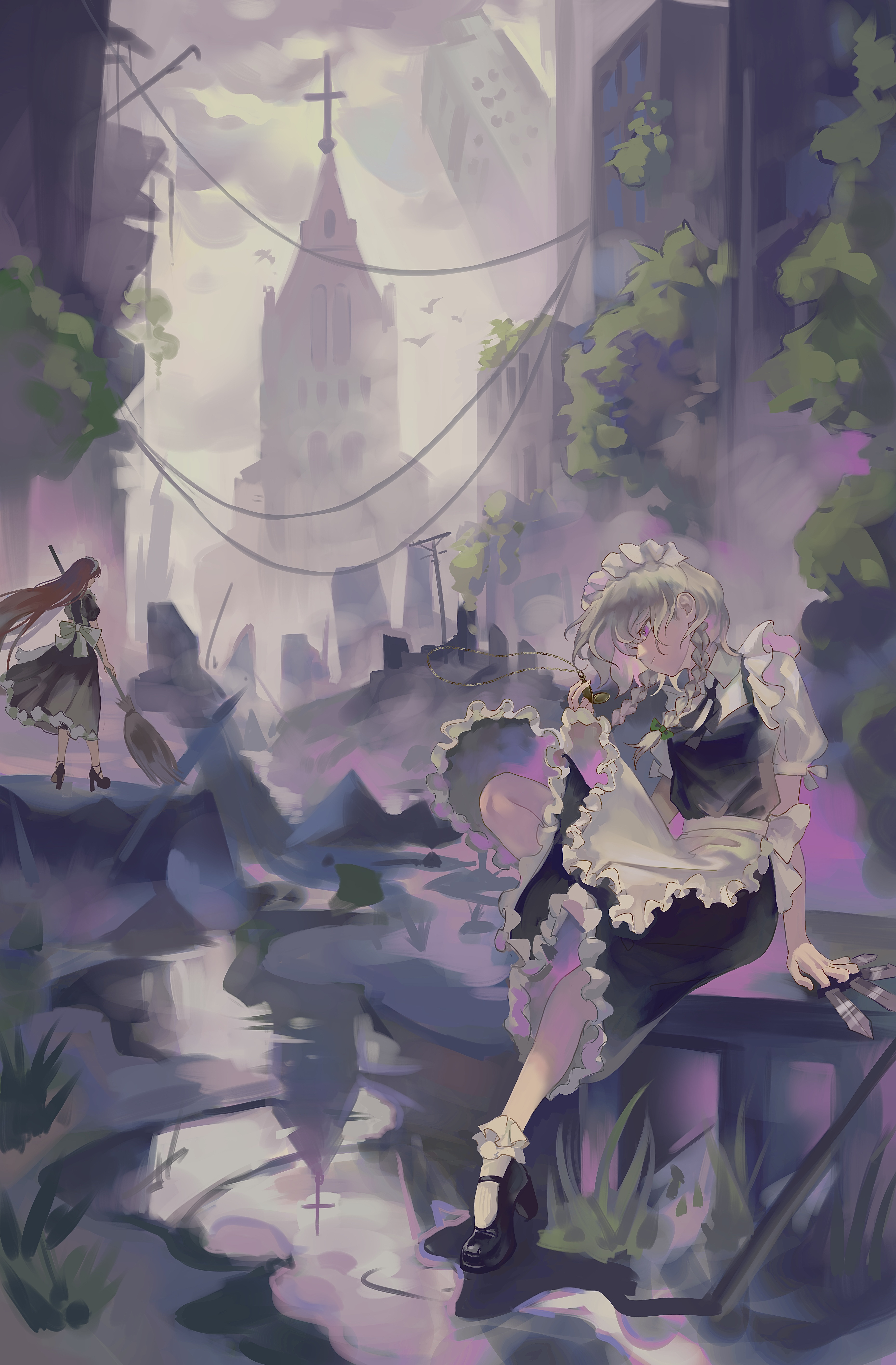 huameiyu, izayoi sakuya, vivit, seihou, touhou, absurdres, commentary, english commentary, highres, 2girls, apron, back bow, between fingers, black shoes, black skirt, black vest, bow, braid, broken, broom, cathedral, church, city, collapsed, foliage, frilled apron, frills, grass, green bow, grey hair, hair bow, high heels, holding, holding broom, holding knife, holding pocket watch, knee up, knife, knives between fingers, long hair, looking down, maid, maid apron, maid headdress, multiple girls, pocket watch, power lines, puddle, puffy short sleeves, puffy sleeves, purple eyes, red hair, ripples, rubble, ruins, shirt, shoes, short sleeves, simple bird, sitting, skirt, socks, twin braids, utility pole, vest, watch, white bow, white shirt, white socks