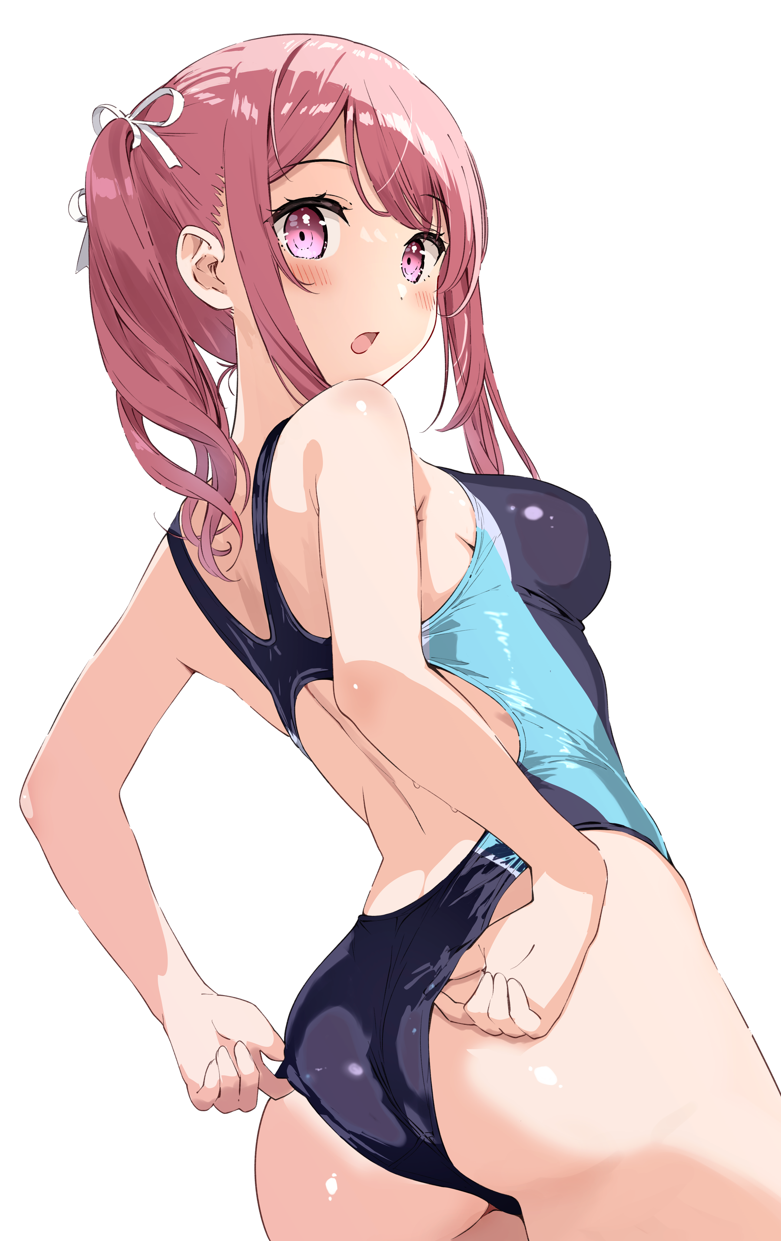miyuki (yxbt7), kurumi (kantoku), original, absurdres, bad id, bad pixiv id, check commentary, commentary request, highres, 1girl, adjusting clothes, adjusting swimsuit, ass, back, bare arms, black one-piece swimsuit, blush, breasts, competition swimsuit, highleg, looking at viewer, looking back, medium breasts, one-piece swimsuit, open mouth, ponytail, purple eyes, red hair, school swimsuit, sidelocks, simple background, solo, standing, swimsuit, white background