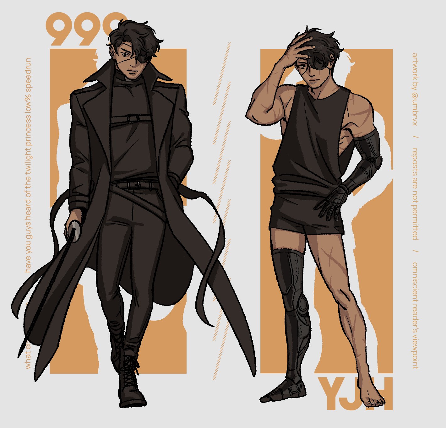 yoo joonghyuk, yoo joonghyuk (999th turn), omniscient reader's viewpoint, highres, 1boy, alternate costume, armpits, black coat, black hair, black shirt, black shorts, black tank top, coat, curtained hair, drop shadow, eyepatch, full body, hand on own head, holding, holding sword, holding weapon, looking at viewer, male focus, multiple scars, multiple views, open clothes, open coat, prosthesis, prosthetic arm, prosthetic leg, scar, scar on arm, scar on leg, shirt, short hair, shorts, standing, standing on one leg, sword, tank top, umbrvx, walking, weapon