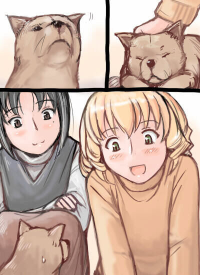 tsuda nanafushi, hinaichigo, kashiwaba tomoe, rozen maiden, 00s, 2girls, aged up, black hair, blonde hair, brown eyes, casual, dog, green eyes, mole, mole under eye, multiple girls, short hair