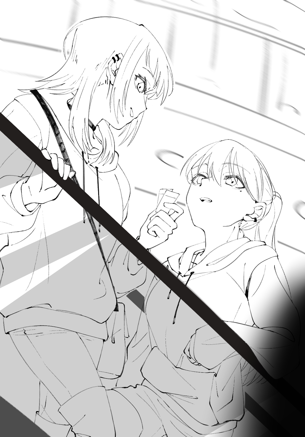 doki (oox3o), shiina taki, yahata umiri, bang dream!, bang dream! it's mygo!!!!!, highres, 2girls, boots, choker, ear piercing, greyscale, hood, hood down, hoodie, lineart, medium hair, mole, mole under eye, monochrome, multiple girls, open mouth, pants, piercing, ponytail, thigh boots