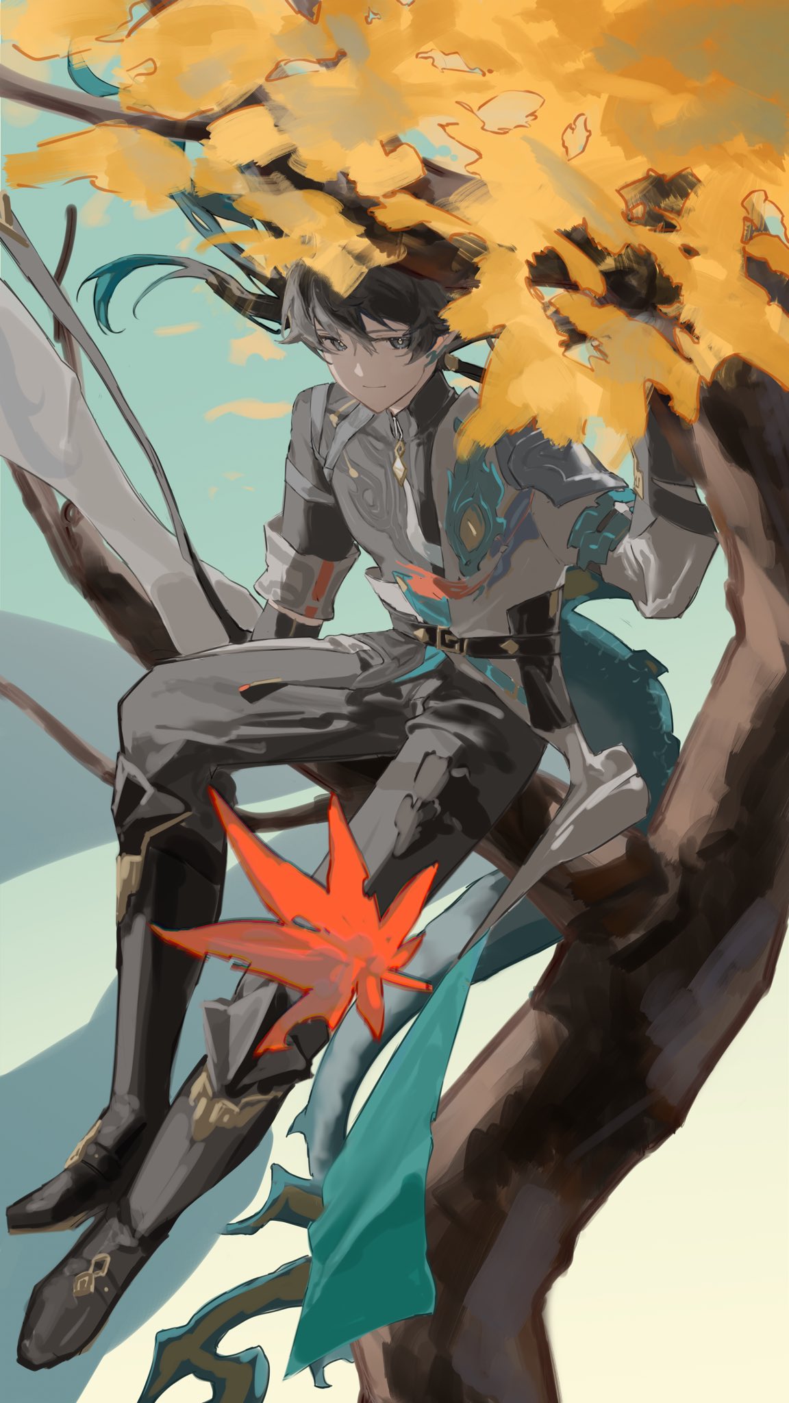dan heng (honkai: star rail), dan heng (permansor terrae) (honkai: star rail), honkai: star rail, honkai (series), commentary request, highres, 1boy, akaguchi 35, autumn leaves, belt, black belt, black boots, black hair, black pants, black shirt, blue hair, blue sky, boots, branch, bright pupils, chinese clothes, closed mouth, coat, constellation print, day, earclip, full body, gradient hair, grey eyes, hair between eyes, hand up, leaf, long hair, long sleeves, looking at viewer, low ponytail, male focus, maple leaf, multicolored hair, official alternate costume, official alternate hairstyle, outdoors, pants, pointy ears, ponytail, shirt, sitting, sky, smile, solo, tree, white coat, white pupils, zipper