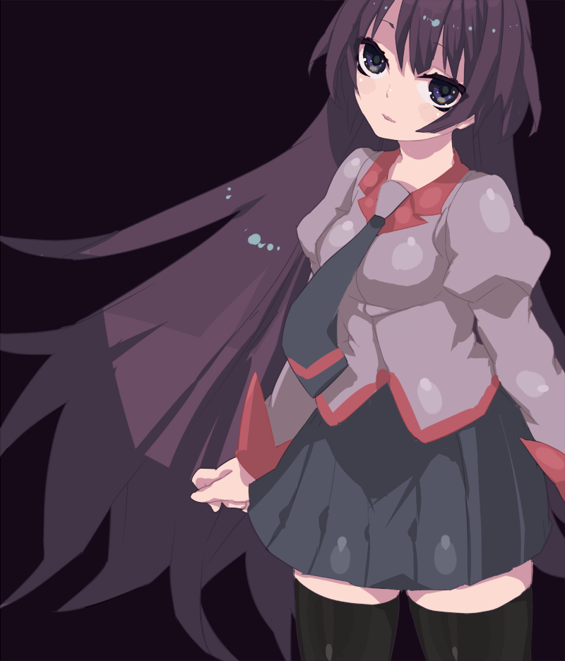 yowapoo, senjougahara hitagi, bakemonogatari, monogatari (series), bad id, bad pixiv id, 00s, 1girl, female focus, long hair, school uniform, simple background, solo, thighhighs