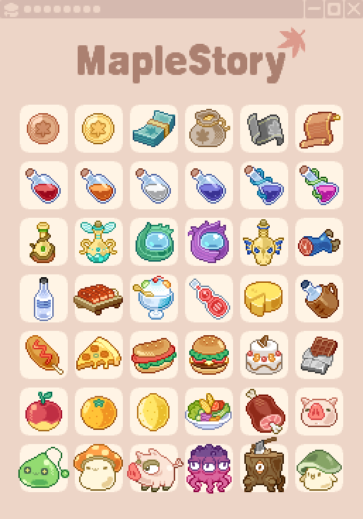 chansui (ginping0602), slime (maplestory), maplestory, commentary request, mixed-language commentary, apple, axe, axe stump (maplestory), blue potion (maplestory), boned meat, burger, cake, candy, cheese, cheese wheel, chocolate, chocolate bar, copyright name, corn dog, drink, elixir (maplestory), food, food focus, fruit, green mushroom (maplestory), hot dog, ice cream, leaf, lemon, mana elixir (maplestory), meat, mushroom, no humans, octopus (maplestory), orange (fruit), orange mushroom (maplestory), orange potion (maplestory), pig, pig (maplestory), pixel art, pizza, pizza slice, red potion (maplestory), slime (creature), spoon, sundae, white potion (maplestory)