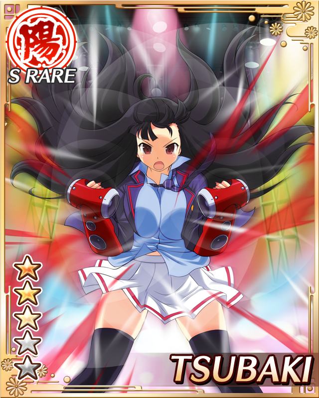 tsubaki (senran kagura), senran kagura, senran kagura new wave, game cg, official art, 1girl, :o, black hair, black jacket, black necktie, black thighhighs, blue shirt, border, breasts, card (medium), character name, diagonal-striped clothes, diagonal-striped necktie, english text, gauntlets, hime cut, jacket, large breasts, long hair, looking at viewer, necktie, official alternate costume, pleated skirt, red eyes, school uniform, shirt, skirt, solo, sound effects, speaker, striped clothes, thighhighs, weaponized instrument, white skirt, wind, wind lift