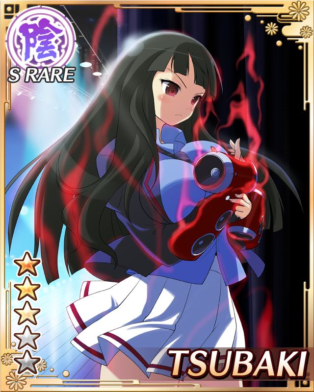 tsubaki (senran kagura), senran kagura, senran kagura new wave, game cg, official art, 1girl, aura, black hair, black jacket, black necktie, blue shirt, border, breasts, card (medium), character name, diagonal-striped clothes, diagonal-striped necktie, english text, gauntlets, hime cut, jacket, large breasts, light frown, long hair, necktie, official alternate costume, pleated skirt, red eyes, school uniform, shirt, skirt, solo, speaker, stage, striped clothes, weaponized instrument, white skirt