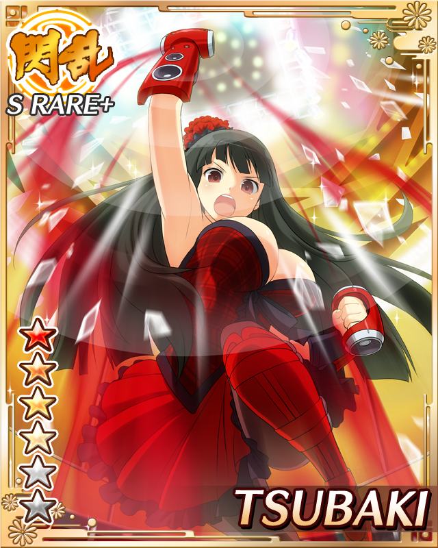 tsubaki (senran kagura), senran kagura, senran kagura new wave, game cg, official art, 1girl, :o, aura, black hair, border, breasts, card (medium), character name, cleavage, clenched hands, dress, english text, gauntlets, hair ornament, hime cut, large breasts, leg up, long hair, looking at viewer, looking down, official alternate costume, raised fist, red dress, red eyes, solo, speaker, weaponized instrument