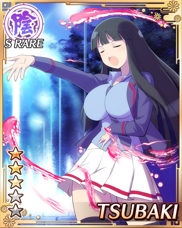 tsubaki (senran kagura), senran kagura, senran kagura new wave, game cg, official art, 1girl, :o, aura, between breasts, black hair, black jacket, black necktie, black thighhighs, blue shirt, border, breasts, card (medium), character name, closed eyes, diagonal-striped clothes, diagonal-striped necktie, english text, hand on own stomach, hime cut, jacket, large breasts, long hair, music, necktie, necktie between breasts, night, official alternate costume, outdoors, outstretched arm, pleated skirt, school uniform, shirt, singing, skirt, solo, striped clothes, thighhighs, white skirt