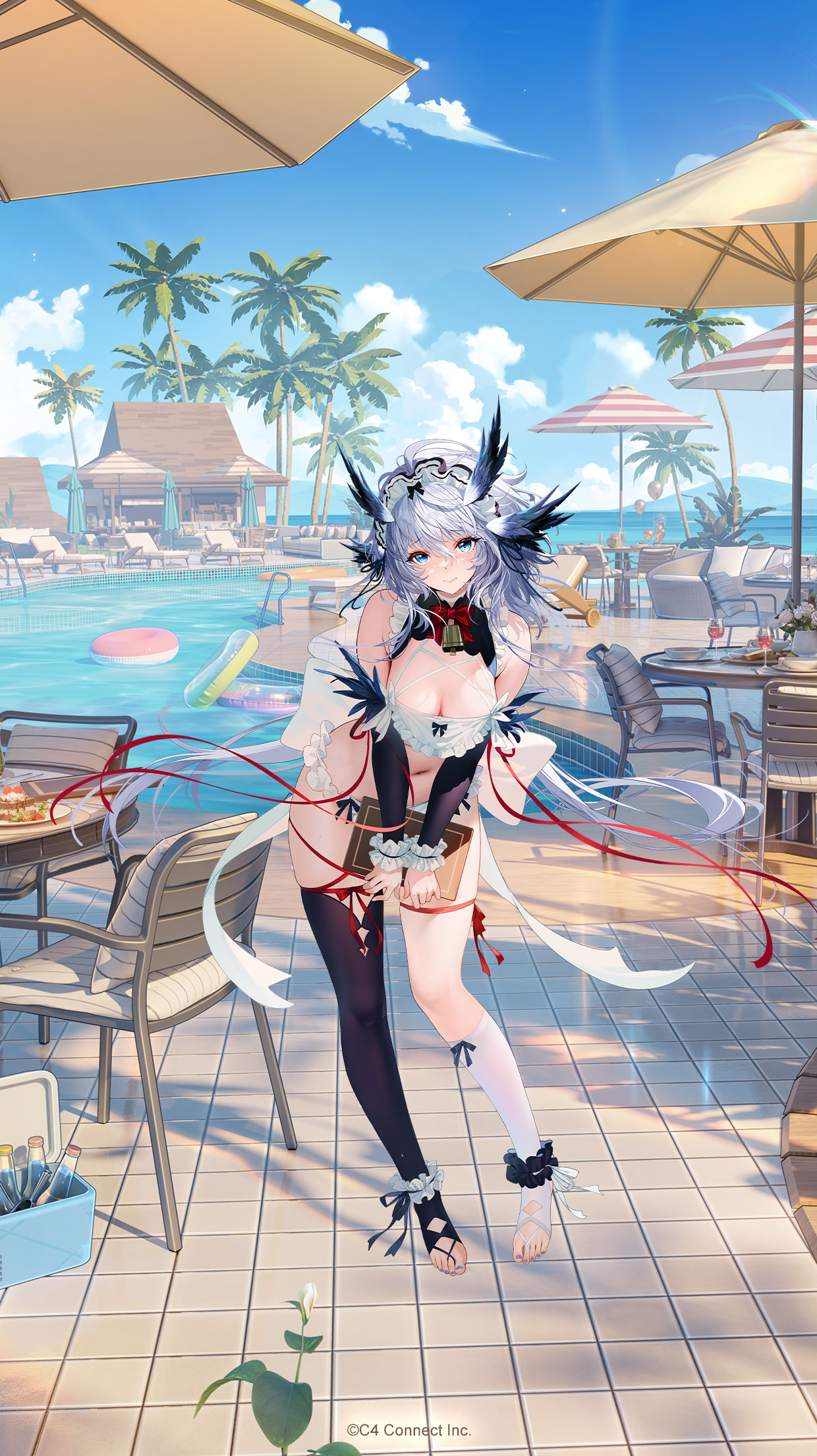 houchi shoujo, character request, highres, official art, balloon, bare shoulders, bell, bikini, blue eyes, blue nails, blue sky, book, breasts, cake, cleavage, closed mouth, couch, cup, drinking glass, flower, food, fruit, full body, glass bottle, holding, holding book, leaf, looking at viewer, maid, maid bikini, maid headdress, midriff, outdoors, palm tree, pool, red ribbon, ribbon, single thighhigh, sky, strawberry, swimsuit, thighhighs, tree, unconventional maid, white flower, white hair, wine glass