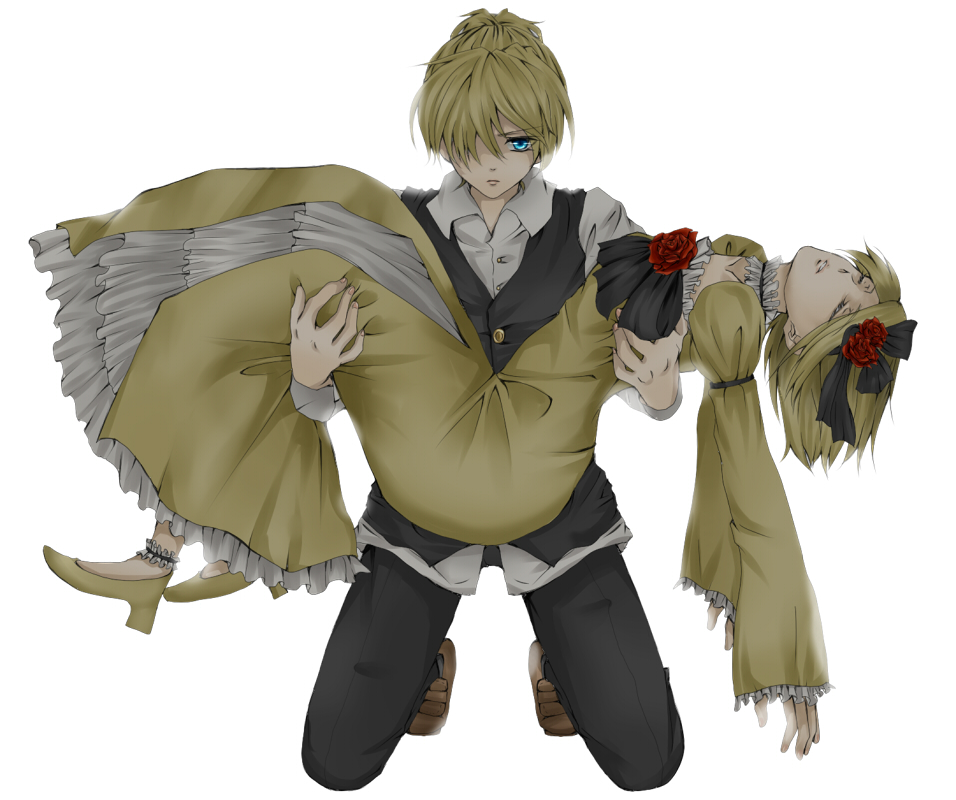 machi (purple-love), okami (artist), purple weave, allen avadonia, kagamine len, kagamine rin, riliane lucifen d'autriche, aku no musume (vocaloid), evillious nendaiki, vocaloid, 1boy, 1girl, blonde hair, blue eyes, brother and sister, closed eyes, dress, flower, hair over one eye, hair ribbon, holding, kneeling, ribbon, rose, short hair, siblings, simple background, twins, unconscious, victorian, yellow dress