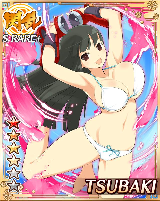 tsubaki (senran kagura), senran kagura, senran kagura new wave, game cg, official art, 1girl, :d, arms up, barefoot, bikini, black hair, border, breasts, card (medium), character name, cleavage, english text, gauntlets, groin, hime cut, jumping, large breasts, long hair, midair, official alternate costume, open mouth, red eyes, skindentation, smile, solo, speaker, swimsuit, weaponized instrument, white bikini