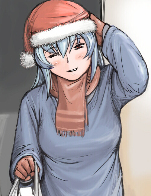 tsuda nanafushi, suigintou, rozen maiden, silver hair, 00s, aged up, casual, hat, red eyes, santa hat, scarf, wink