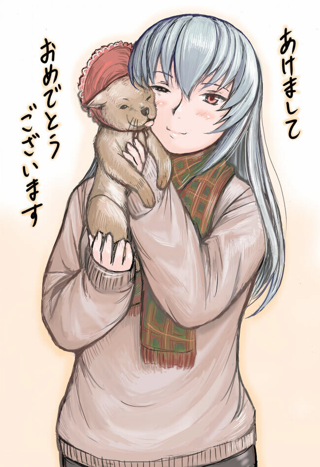 tsuda nanafushi, suigintou, rozen maiden, silver hair, translated, 00s, aged up, akeome, bonnet, casual, dog, happy new year, long hair, new year, red eyes, scarf, solo
