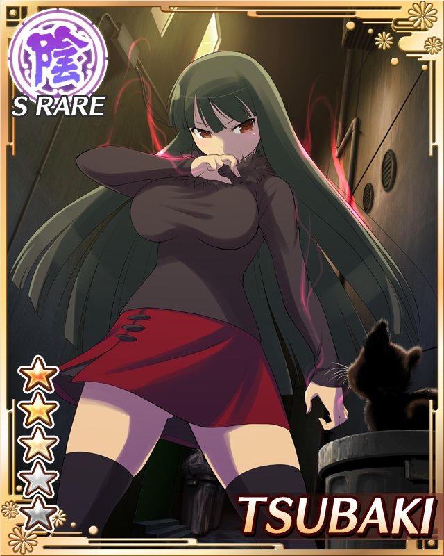 tsubaki (senran kagura), senran kagura, senran kagura new wave, game cg, official art, 1girl, aura, black hair, black shirt, black thighhighs, border, breasts, card (medium), casual, cat, character name, closed mouth, english text, gluteal fold, hime cut, large breasts, long hair, long sleeves, official alternate costume, red eyes, red skirt, shirt, skirt, solo, thighhighs