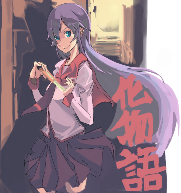 moto kichi, senjougahara hitagi, bakemonogatari, monogatari (series), 00s, 1girl, boxcutter, female focus, long hair, necktie, purple hair, school uniform, sketch, skirt, solo, thighhighs