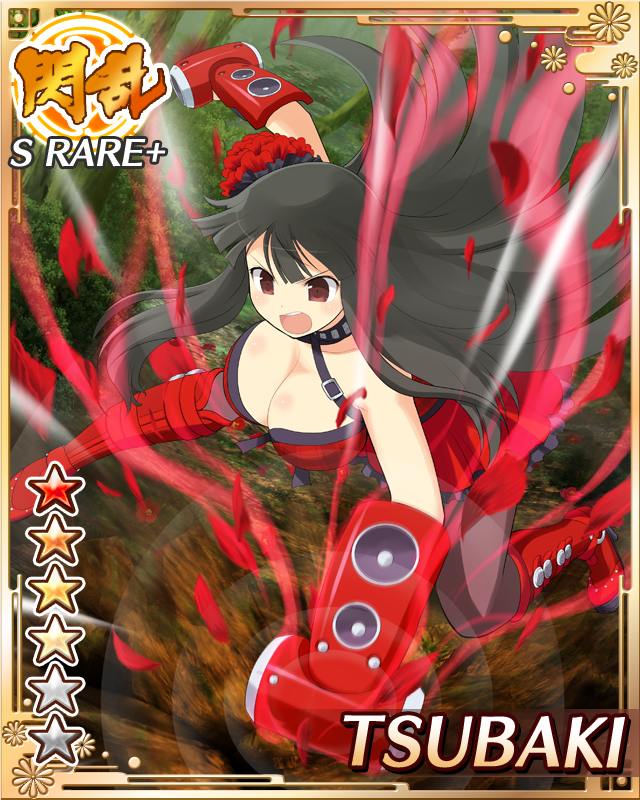 tsubaki (senran kagura), senran kagura, senran kagura new wave, game cg, official art, 1girl, :o, black hair, black pantyhose, boots, border, breasts, bridal gauntlets, card (medium), character name, choker, cleavage, dress, english text, hime cut, large breasts, long hair, looking down, official alternate costume, pantyhose, punching, red boots, red dress, red eyes, solo, speaker, weaponized instrument