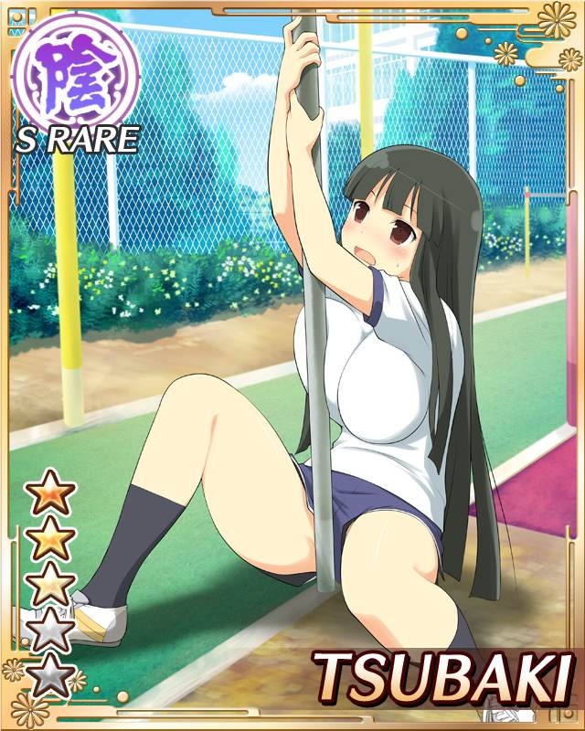 tsubaki (senran kagura), senran kagura, senran kagura new wave, game cg, official art, 1girl, :o, ankle socks, black hair, blue shorts, blush, border, breasts, building, bush, card (medium), character name, english text, fence, gym uniform, hime cut, large breasts, long hair, official alternate costume, outdoors, panties, panty peek, pole, red eyes, running track, shirt, shoes, shorts, sitting, socks, solo, spread legs, sweat, underwear, white shirt, white shoes