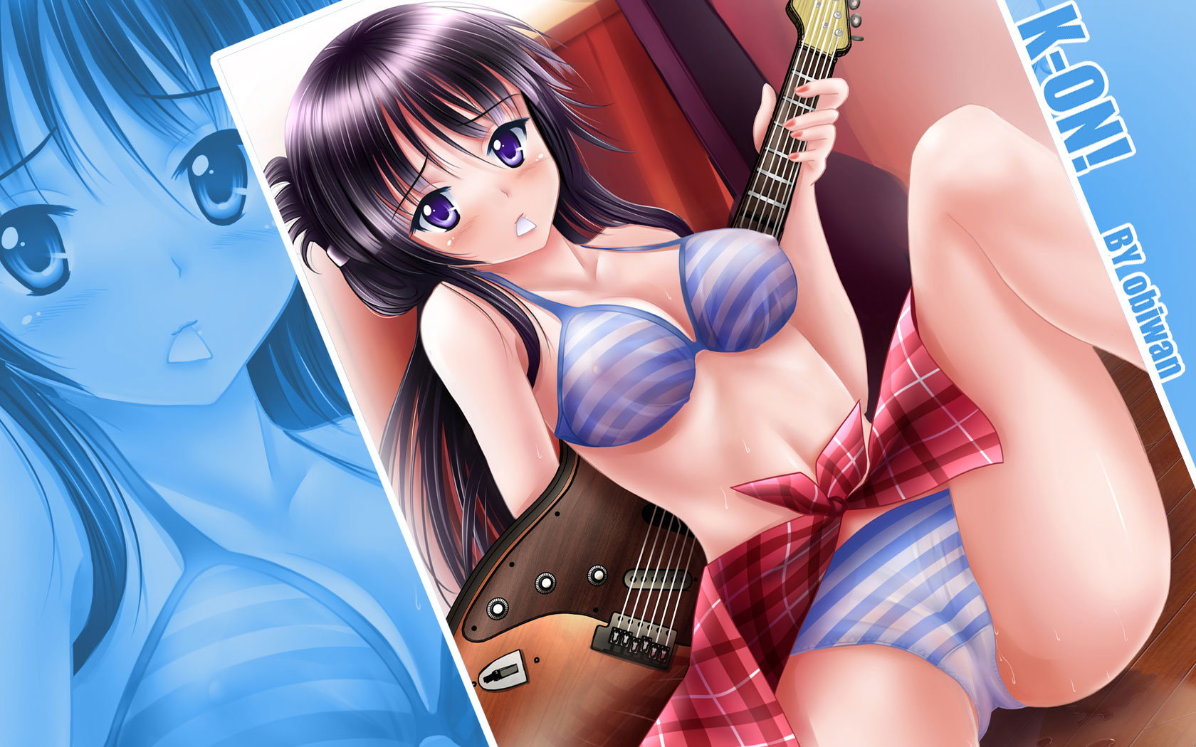 obiwan, akiyama mio, k-on!, highres, 00s, 1girl, black hair, bra, breasts, cameltoe, covered erect nipples, electric guitar, female focus, guitar, instrument, lingerie, medium breasts, mouth hold, nail polish, panties, pink nails, plectrum, purple eyes, see-through clothes, solo, spread legs, striped bra, striped clothes, striped panties, underwear, underwear only, zoom layer