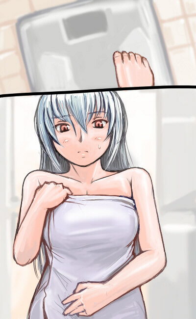 tsuda nanafushi, suigintou, rozen maiden, silver hair, 00s, 1girl, aged up, bare shoulders, barefoot, feet, long hair, naked towel, red eyes, towel, weighing scale