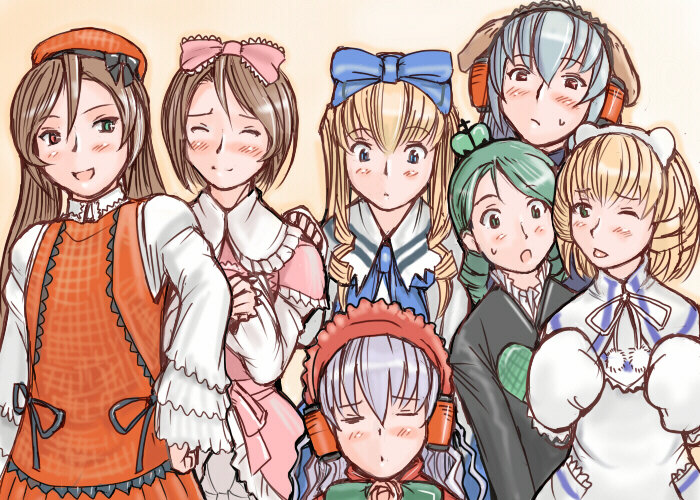 tsuda nanafushi, akachouchin, barasuishou, daiginjou, hinaichigo, kanaria, shinku, souseiseki, suigintou, suiseiseki, futaba channel, rozen maiden, silver hair, 6+girls, aged up, akachouchin (cosplay), animal ears, blonde hair, blue eyes, blush, bonnet, bow, brown hair, cosplay, daiginjou (cosplay), dog ears, dress, frills, green eyes, green hair, hair ribbon, hat, heterochromia, long hair, multiple girls, one eye closed, pink bow, red eyes, ribbon, short hair, wink