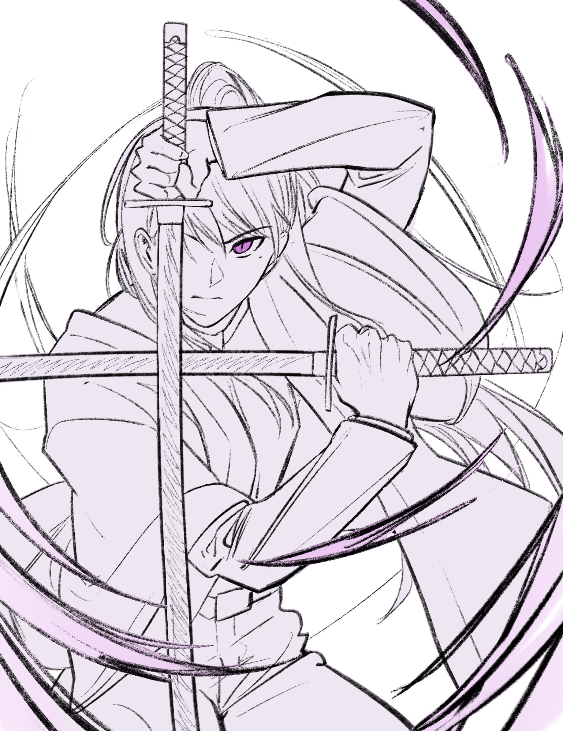 hero45439083942, shiina taki, bang dream!, bang dream! it's mygo!!!!!, chinese commentary, commentary request, highres, 1girl, dual wielding, holding, katana, long hair, long sleeves, looking at viewer, ponytail, purple eyes, simple background, solo, sword, weapon, white background