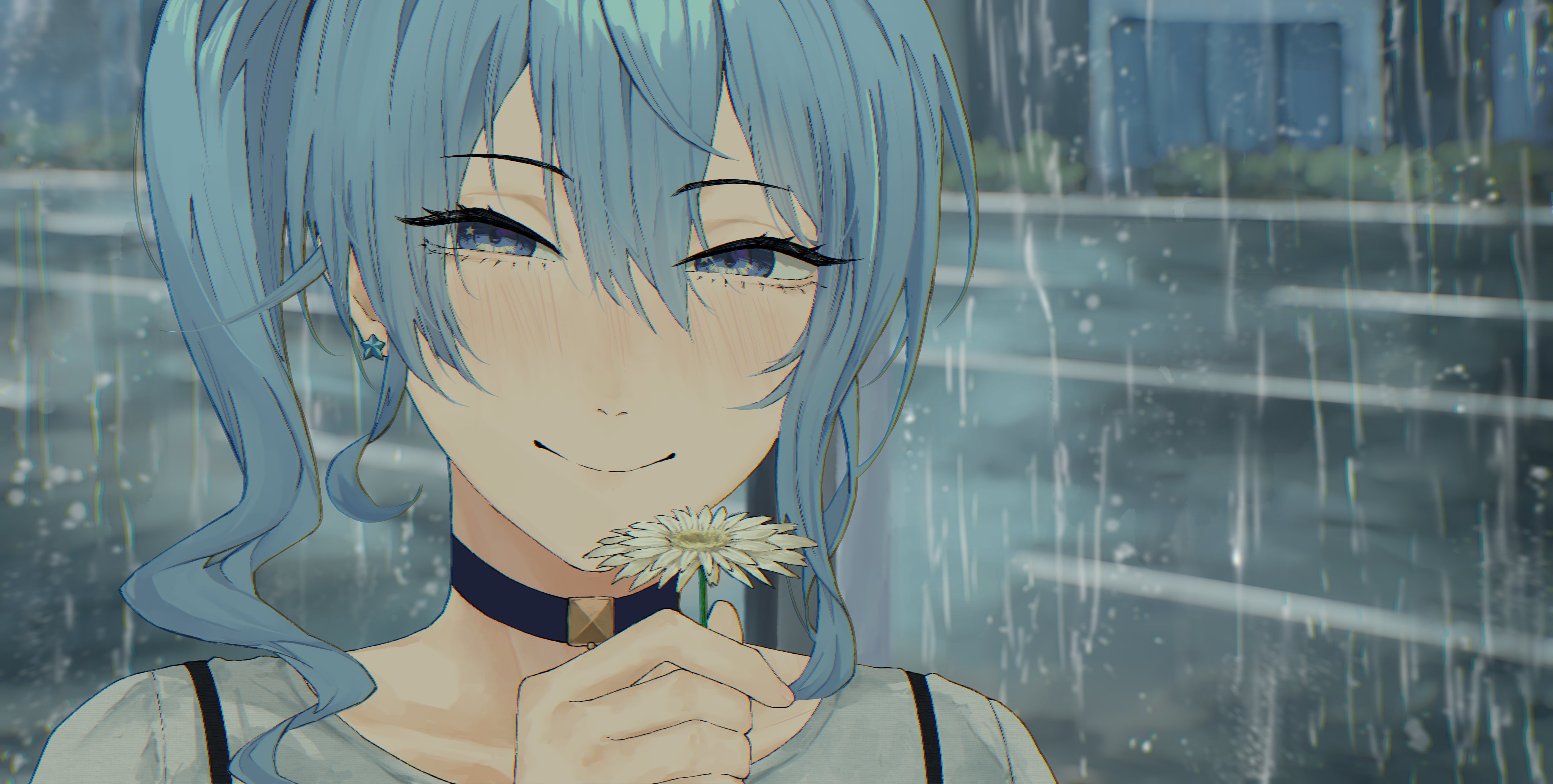 kizuru09, hoshimachi suisei, chainsaw man, hololive, absurdres, highres, 1girl, blue choker, blush, choker, closed mouth, daisy (flower), earrings, eyelashes, flower, hair between eyes, holding, holding flower, jewelry, looking at viewer, outdoors, portrait, rain, road, shirt, short hair, smile, solo, star (symbol), star earrings, white flower, white shirt