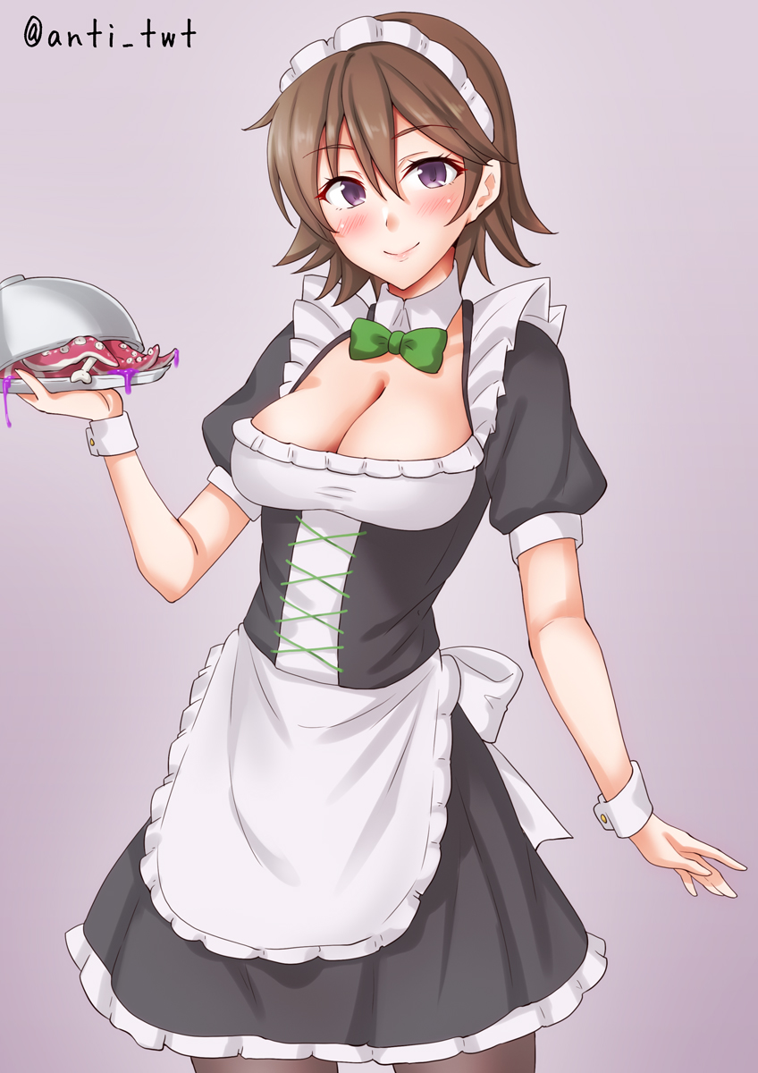 anti (untea9), hiei (kancolle), kantai collection, highres, alternate costume, apron, bad food, black dress, black pantyhose, blush, breasts, cleavage, cowboy shot, dress, enmaided, frilled apron, frills, maid, maid apron, maid headdress, pantyhose, puffy sleeves, purple background, tray, waist apron, white apron