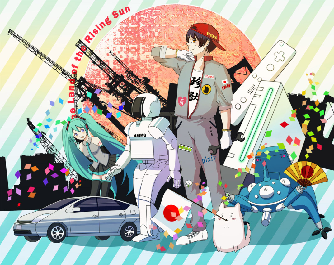 nikon, asimo, hatsune miku, japan (hetalia), pochi (hetalia), tachikoma, axis powers hetalia, ghost in the shell, toyota, vocaloid, 00s, 1boy, 1girl, bandages, baseball cap, black hair, car, city, confetti, dog, flag, game console, gloves, hat, japan, japanese flag, jumpsuit, motor vehicle, robot, shoes, short hair, smile, sneakers, toyota prius, wii, wrench