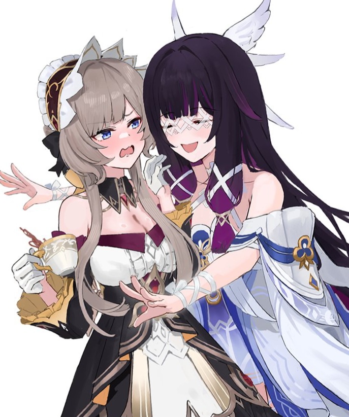 ayul (ayulneri 92), columbina (genshin impact), sandrone (genshin impact), genshin impact, 2girls, black hair, blue eyes, blush, breasts, brown hair, cleavage, closed eyes, collarbone, cup, detached collar, detached sleeves, dress, feathered wings, frilled hairband, frills, gradient hair, hair ribbon, hairband, head wings, holding, holding cup, large breasts, long hair, long sleeves, multicolored hair, multiple girls, multiple wings, open mouth, pink hair, ribbon, sidelocks, simple background, smile, strapless, strapless dress, teacup, very long hair, white background, white dress, white ribbon, wide sleeves, wings, wrist ribbon, yuri