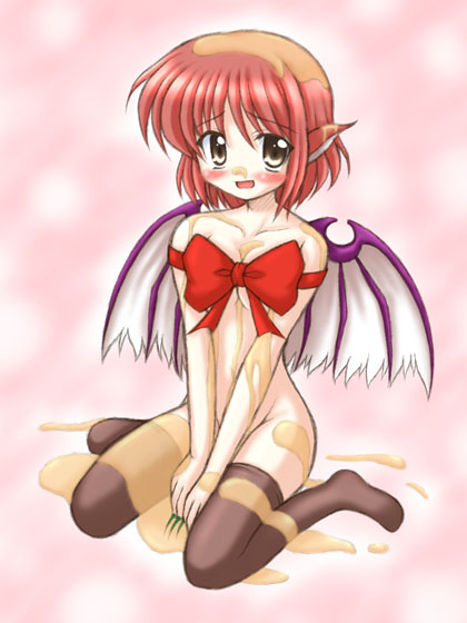 bococho, mystia lorelei, touhou, oil, 1girl, animal ears, blush, bow, breasts, brown eyes, female focus, fingernails, long fingernails, nail (hardware), naked ribbon, red hair, ribbon, short hair, sitting, solo, thighhighs, wings