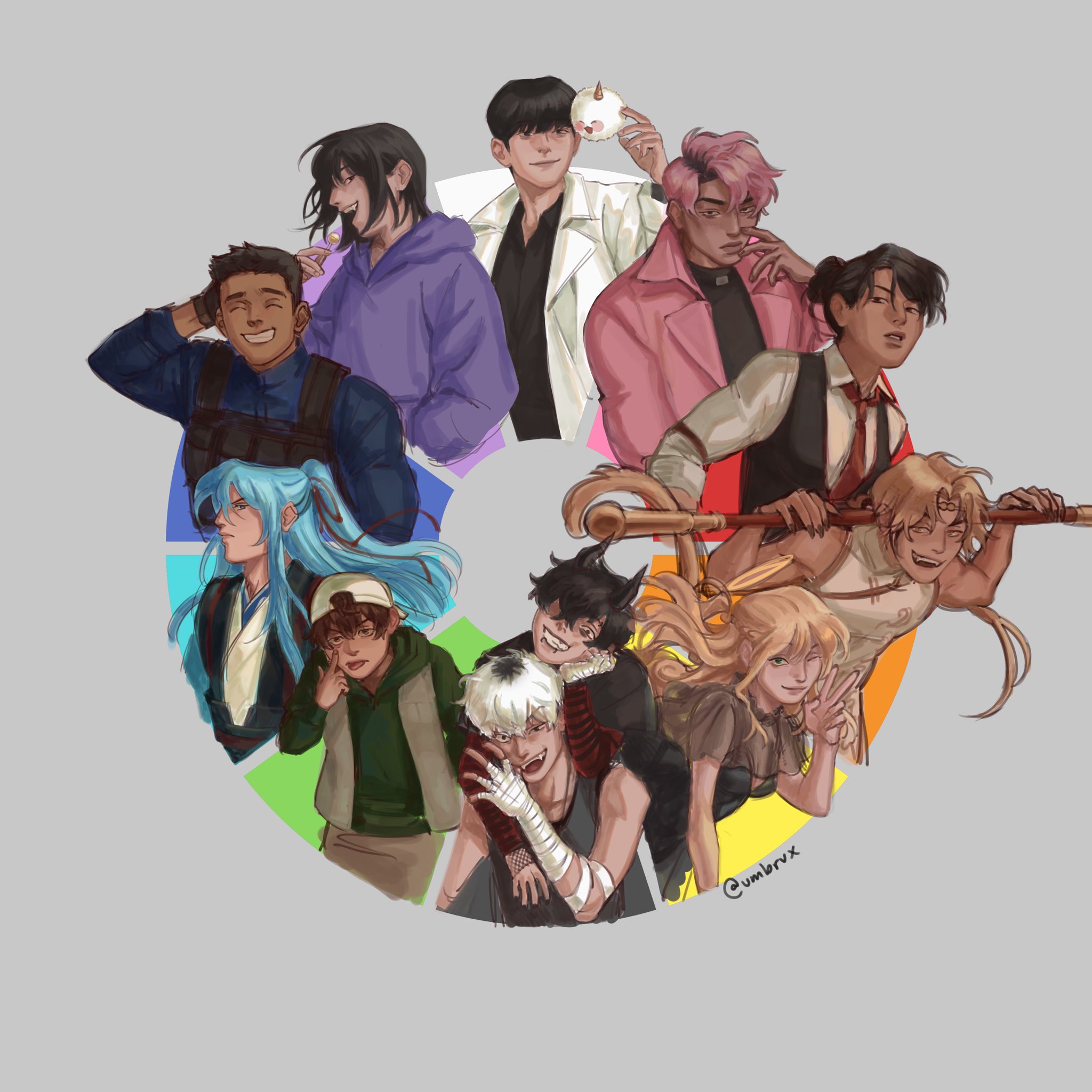 biyoo (omniscient reader's viewpoint), han sooyoung, jung heewon, kim dokja, kim namwoon, kyrgios rodgraim, lee gilyoung, lee hyunsung, sun wukong (omniscient reader's viewpoint), uriel (omniscient reader's viewpoint), yoo joonghyuk, omniscient reader's viewpoint, highres, 3girls, 6+boys, :p, abyssal black flame dragon (omniscient reader's viewpoint), alternate hair color, backwards hat, bandaged arm, bandages, baseball cap, black gloves, black hair, black shirt, black vest, blonde hair, blue hair, braid, brown hair, candy, capelet, cheek pull, coat, collared shirt, color wheel challenge, curtained hair, demon horns, food, gloves, green eyes, grin, hair ribbon, hand in pocket, hand on own face, hat, high ponytail, holding, holding candy, holding food, holding lollipop, holding staff, hood, hood down, hoodie, horns, lollipop, looking at viewer, low ponytail, monkey tail, multiple boys, multiple drawing challenge, multiple girls, necktie, open clothes, open coat, over shoulder, pink coat, pink hair, ponytail, purple hoodie, red necktie, ribbon, scratching head, sharp teeth, shirt, short hair, sleeveless, sleeveless shirt, sleeves rolled up, smile, staff, striped arm warmers, tail, teeth, tongue, tongue out, umbrvx, upper body, v, vest, weapon, weapon over shoulder, white changpao, white coat, white hair