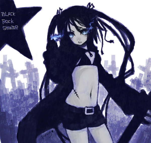 miyamae porin, black rock shooter (character), black rock shooter, vocaloid, bad id, bad pixiv id, 10s, 1girl, belt, bikini, bikini top only, black bikini, black hair, blue eyes, coat, cross, female focus, glowing, glowing eyes, long hair, midriff, navel, pale skin, scar, shorts, solo, swimsuit, sword, twintails, weapon
