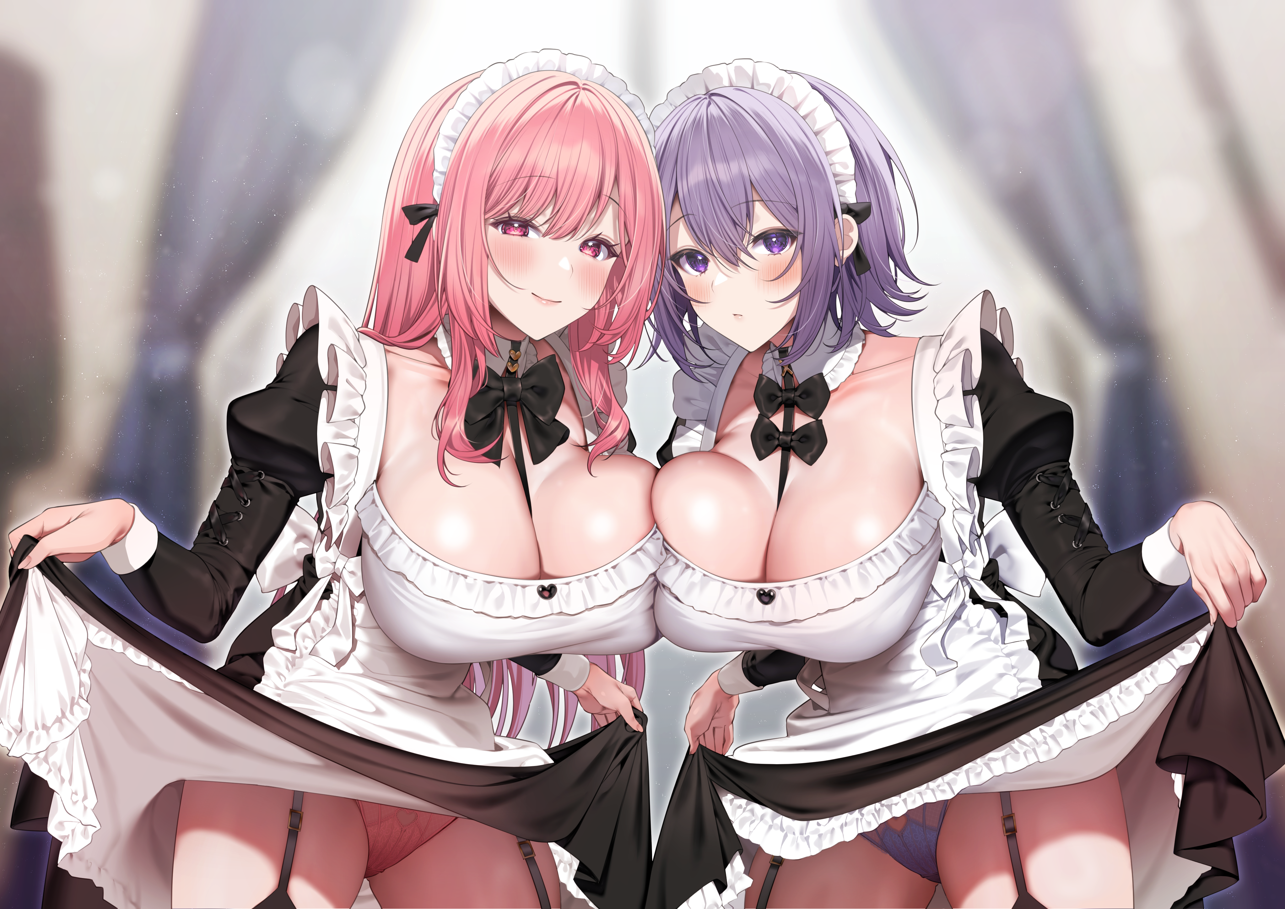haiba 09, original, absurdres, highres, 2girls, apron, black bow, black bowtie, black dress, black garter straps, blurry, blurry background, blush, bow, bowtie, breast press, breasts, closed mouth, clothes lift, curtains, detached collar, dress, garter straps, hair between eyes, indoors, large breasts, long hair, long sleeves, looking at viewer, maid, maid apron, maid headdress, multiple girls, panties, purple eyes, purple hair, purple panties, red eyes, red hair, red panties, short hair, sidelocks, skirt, skirt lift, smile, standing, thighhighs, underwear, window