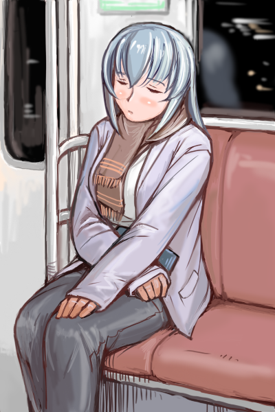 tsuda nanafushi, suigintou, rozen maiden, silver hair, 00s, 1girl, aged up, casual, female focus, gloves, jacket, pants, scarf, sleeping, sleeping upright, solo, train, train interior